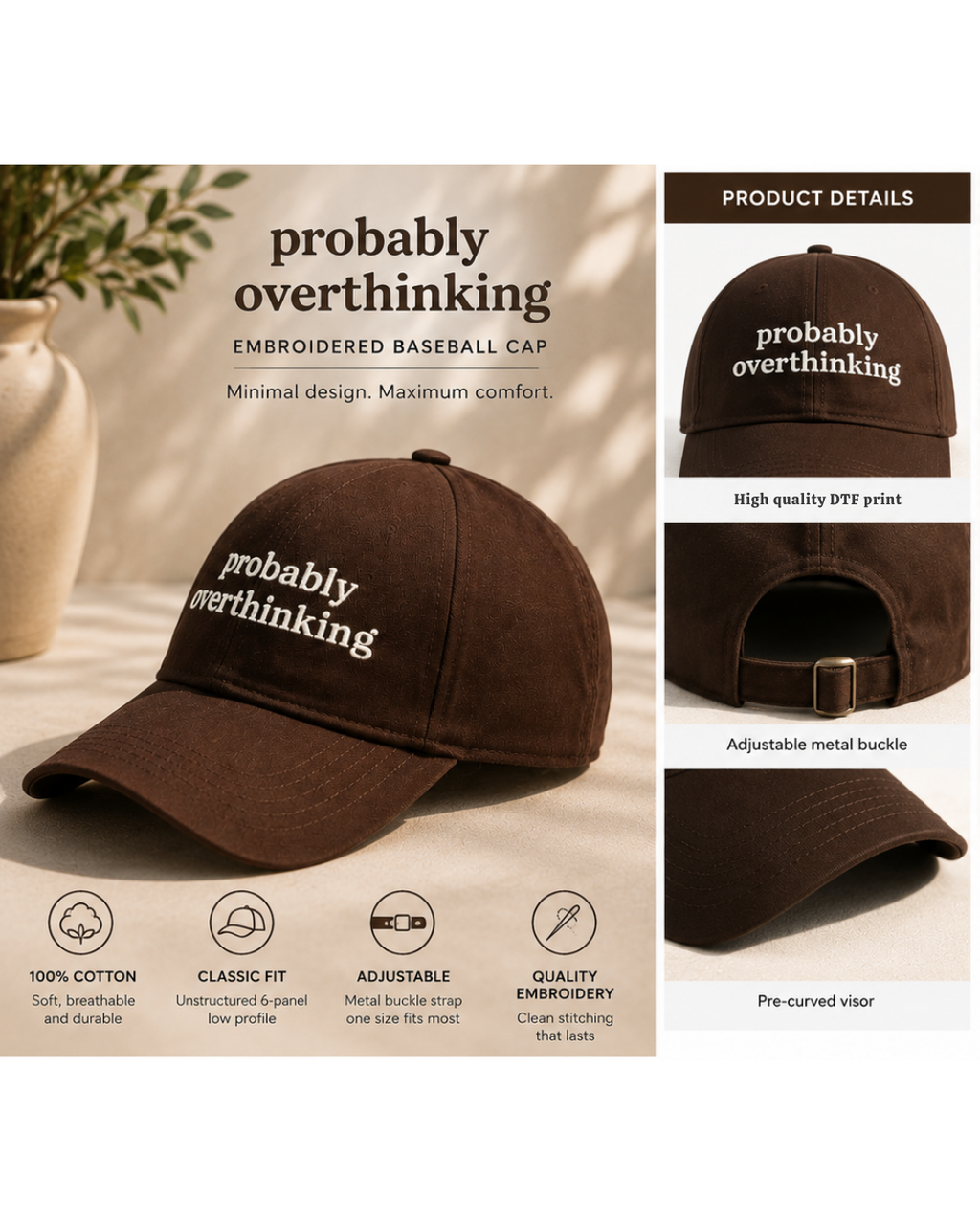 Probably Overthinking Printed Brown Baseball Cap | 100% Cotton DTF Printed Cap | Adjustable Metal Buckle | Minimal Relatable Cap for Thinkers
