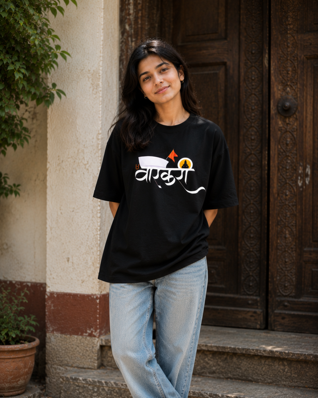 ThekaCustomz Warkari Oversized T-Shirt for Men | Black Cotton Marathi Vitthal Print Tee | Pandharpur Wari Ashadhi Ekadashi Graphic T-Shirt | Drop Shoulder Streetwear