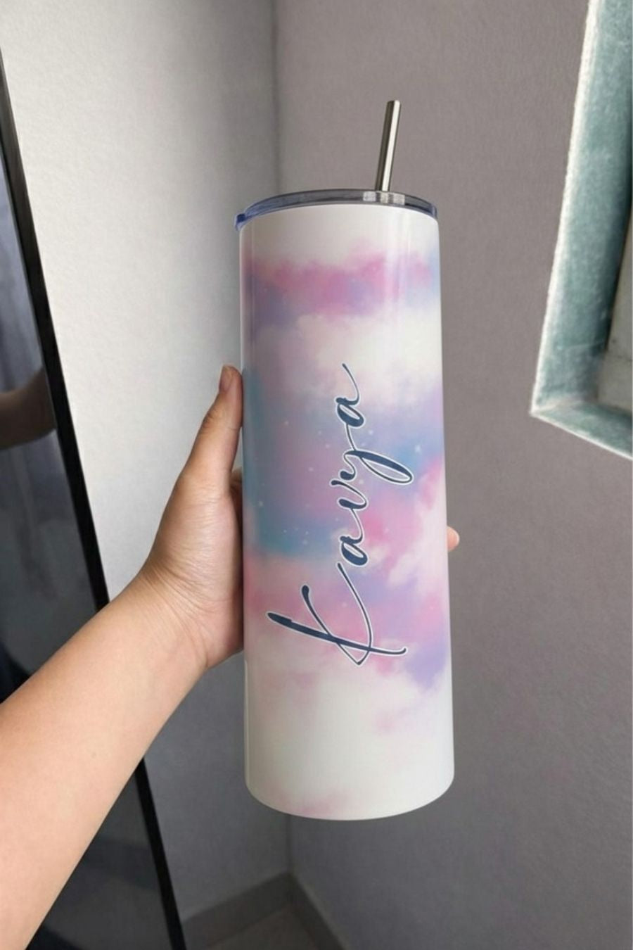 Colossal Tumbler 700ml with SS Straw | Pastel Galaxy Personalised Name | Double Walled Insulated Tumbler 7–8 hrs
