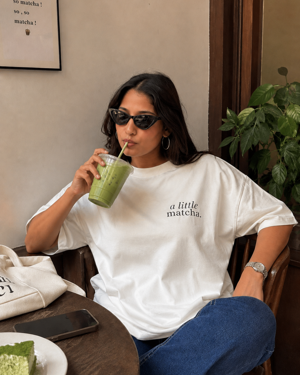 A Little Matcha Oversized T-Shirt | Cafe Edition | Thekacustomz | Graphic Print | Unisex Drop Shoulder Tee | Off White