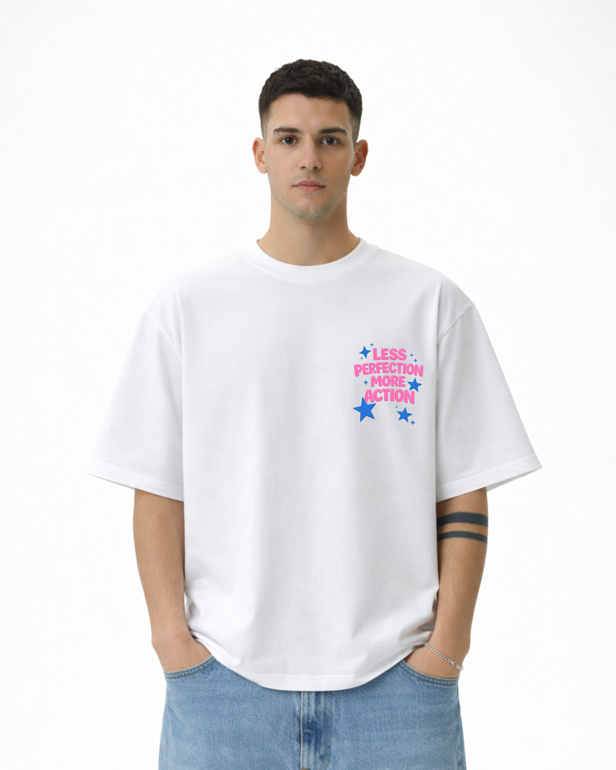 Less Perfection More Action Oversized T-Shirt – White Unisex Motivational Streetwear Tee