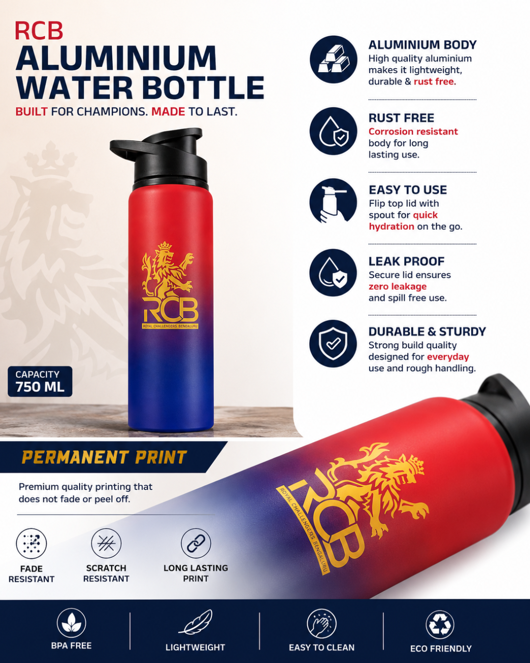 RCB Aluminium Water Bottle 750ml | Leak Proof Sports Sipper Bottle | Rust Free Lightweight Drinking Bottle | BPA Free Gym, School, Office & Travel Water Bottle for RCB Fans