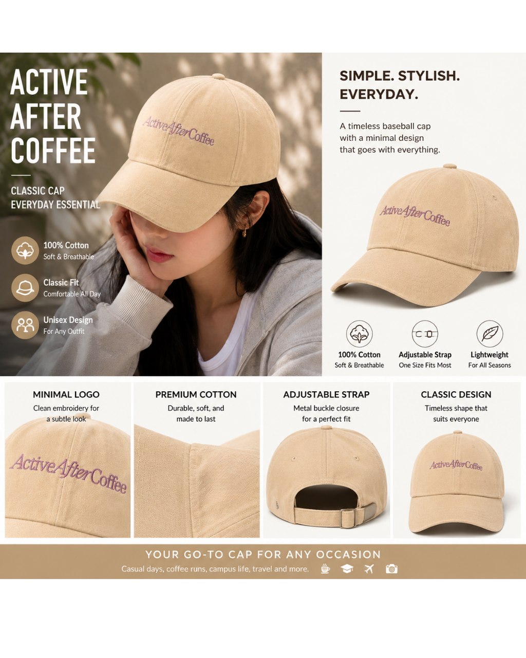 Active After Coffee Printed Baseball Cap | 100% Cotton Beige Hat | Adjustable Strap | Unisex Summer Cap for Women & Men