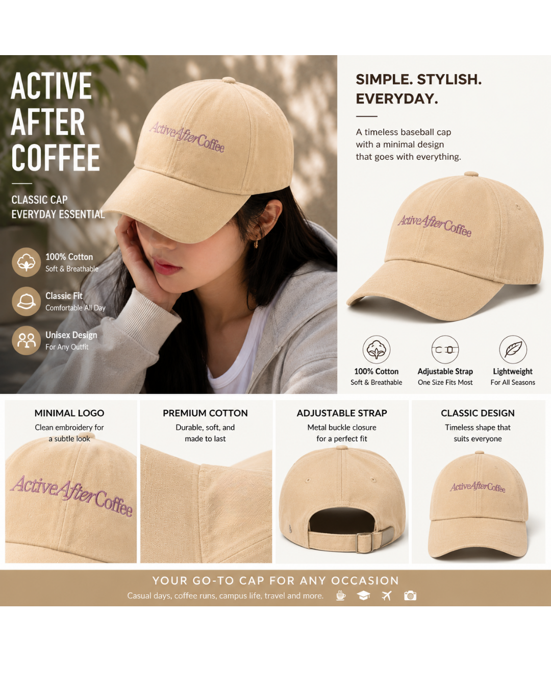 Active After Coffee Printed Baseball Cap | 100% Cotton Beige Hat | Adjustable Strap | Unisex Summer Cap for Women & Men