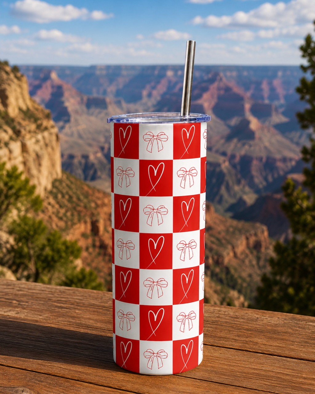 Thekacustomz Colossal Tumbler 700ml with SS Straw | Red Hearts & Bows Checker Print | Double Walled Insulated Sipper Bottle 7–8 hrs