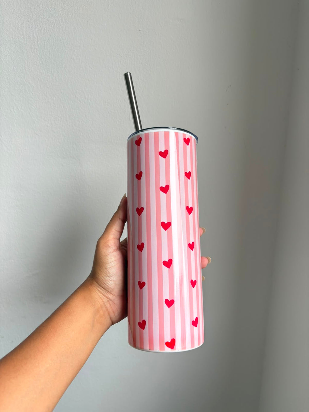 Thekacustomz Love Stripes Colossal Tumbler with Straw 700ml | Double Wall Vacuum Insulated Stainless Steel Travel Mug | Leakproof Hot & Cold Coffee Cup for Girls & Women