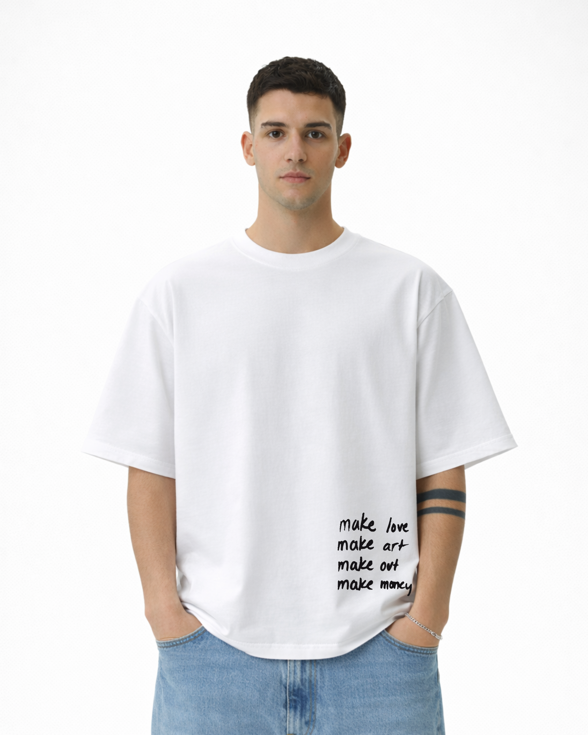 Make Love Make Art Oversized T-Shirt – White Unisex Minimal Aesthetic Graphic Tee
