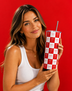Thekacustomz Colossal Tumbler 700ml with SS Straw | Red Hearts & Bows Checker Print | Double Walled Insulated Sipper Bottle 7–8 hrs