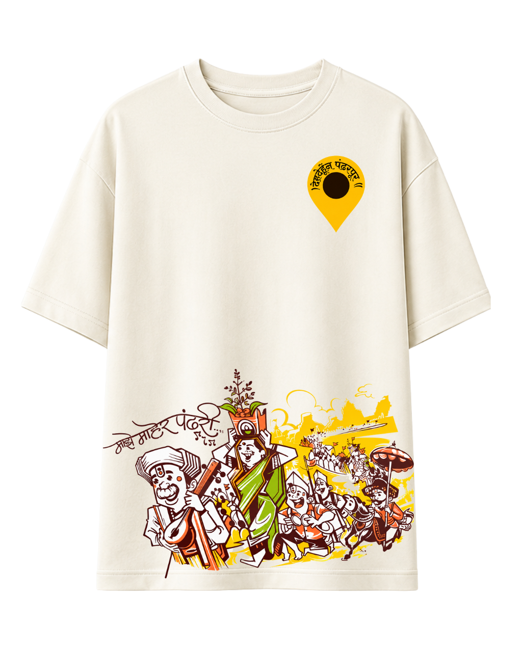 ThekaCustomz Pandharpur Wari Oversized T-Shirt for Unisex | Premium 240 GSM Cotton | Vitthal Warkari Graphic Printed Half Sleeve Round Neck Off White Tee | Maharashtra Devotional Streetwear