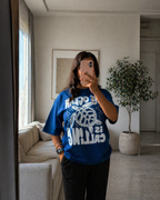 The Ocean is Calling Graphic Tee | Oversized Royal Blue Cotton T-Shirt for Men | Bio-Washed Soft Fabric