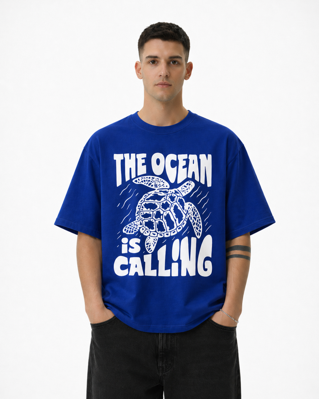 The Ocean is Calling Graphic Tee | Oversized Royal Blue Cotton T-Shirt for Men | Bio-Washed Soft Fabric