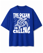 The Ocean is Calling Graphic Tee | Oversized Royal Blue Cotton T-Shirt for Men | Bio-Washed Soft Fabric