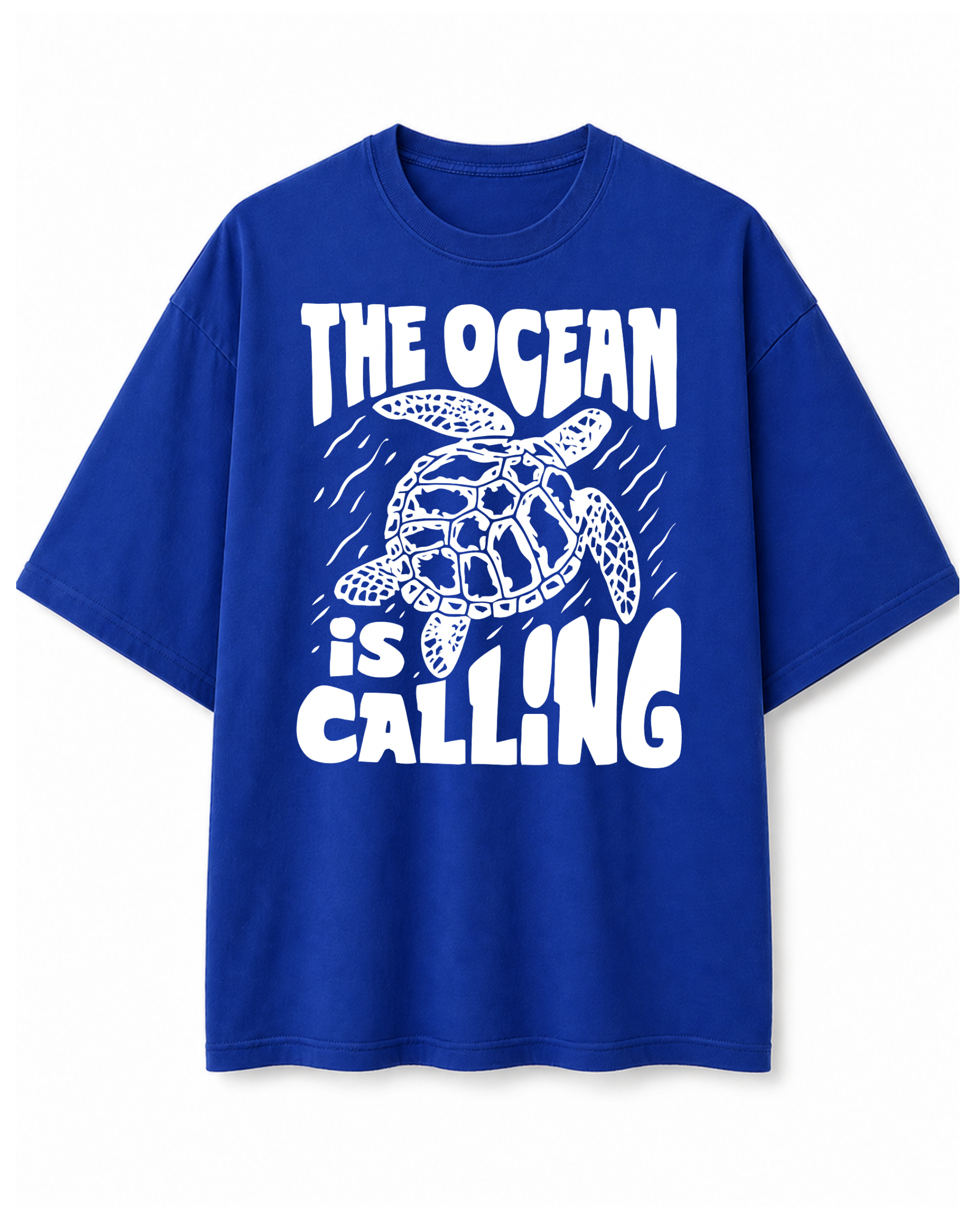 The Ocean is Calling Graphic Tee | Oversized Royal Blue Cotton T-Shirt for Men | Bio-Washed Soft Fabric