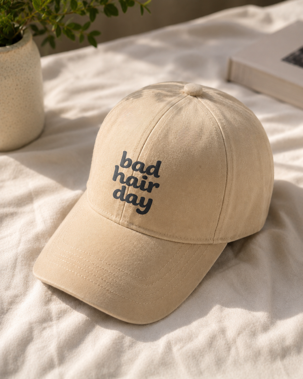 Bad Hair Day Printed Baseball Cap | Beige Cotton Hat | Funny Relatable Cap for Women | Adjustable Strap | Everyday Casual Summer Cap