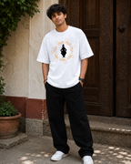 ThekaCustomz Vitthal Oversized T-Shirt for Men | White Cotton Circular Vitthal Repeat Print Tee | Pandharpur Wari Marathi Graphic T-Shirt | Drop Shoulder Streetwear