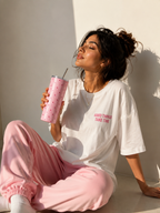 Thekacustomz Love Stripes Colossal Tumbler with Straw 700ml | Double Wall Vacuum Insulated Stainless Steel Travel Mug | Leakproof Hot & Cold Coffee Cup for Girls & Women