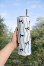 Colossal Tumbler 700ml with SS Straw | Blue Wave Bow Print | Double Walled Insulated Tumbler 7–8 hrs