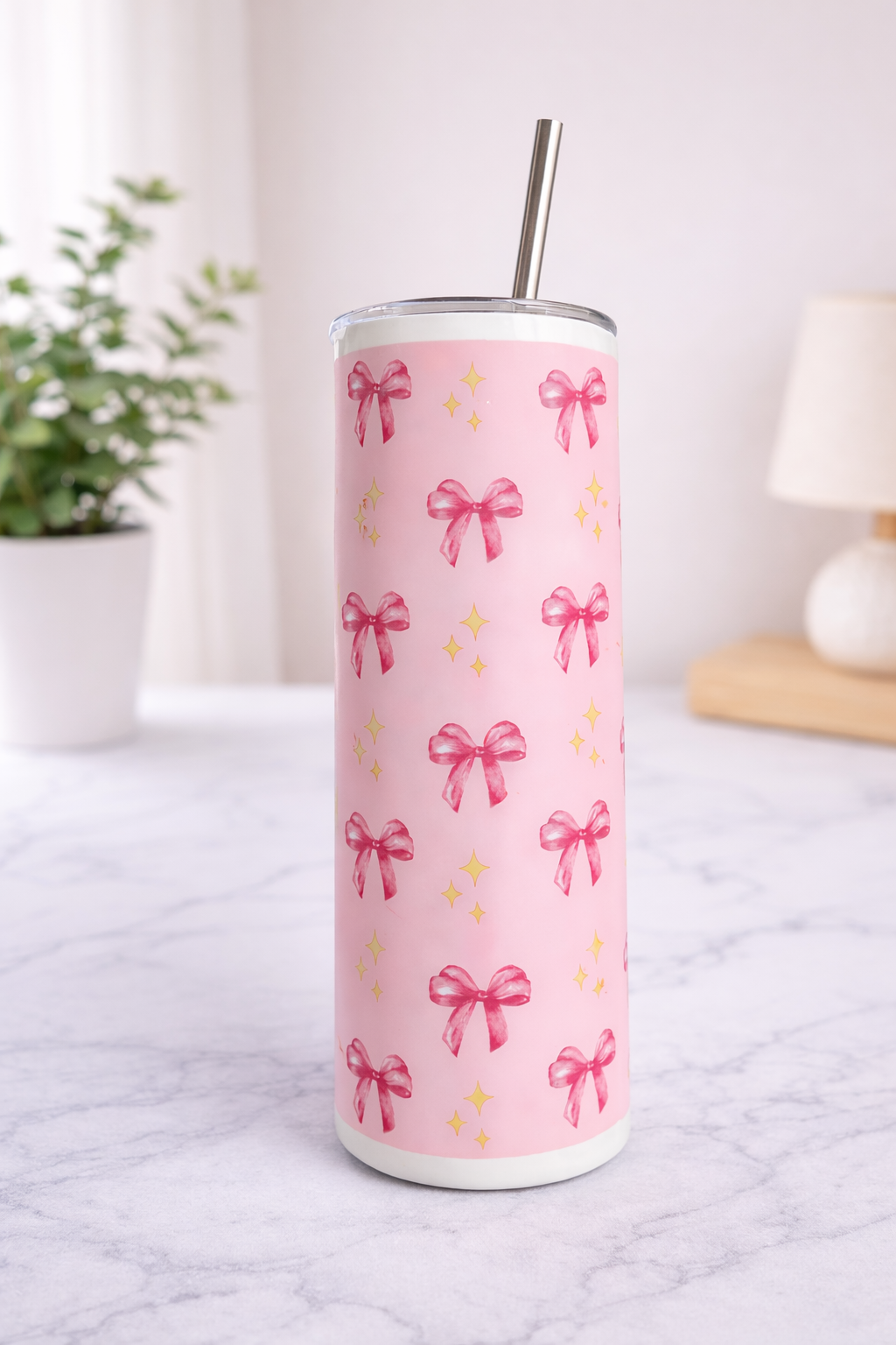 Colossal Tumbler 700ml with SS Straw | Pink Bow Sparkle | Double Walled Insulated Tumbler 7–8 hrs
