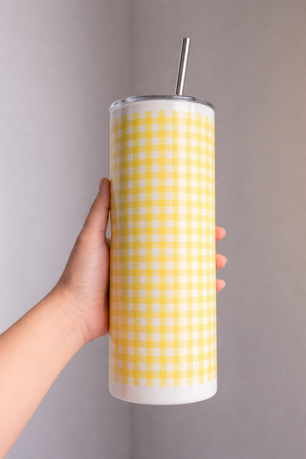 Colossal Tumbler 700ml with SS Straw | Yellow Gingham | Double Walled Insulated Tumbler 7–8 hrs
