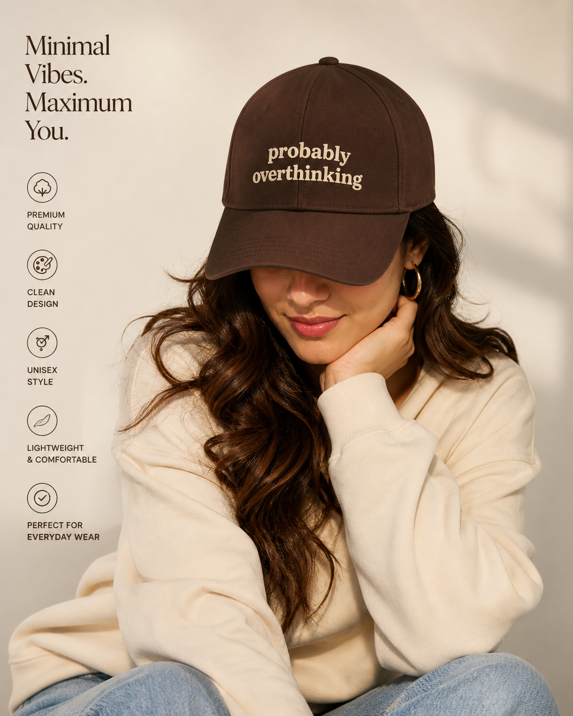 Probably Overthinking Printed Brown Baseball Cap | 100% Cotton DTF Printed Cap | Adjustable Metal Buckle | Minimal Relatable Cap for Thinkers
