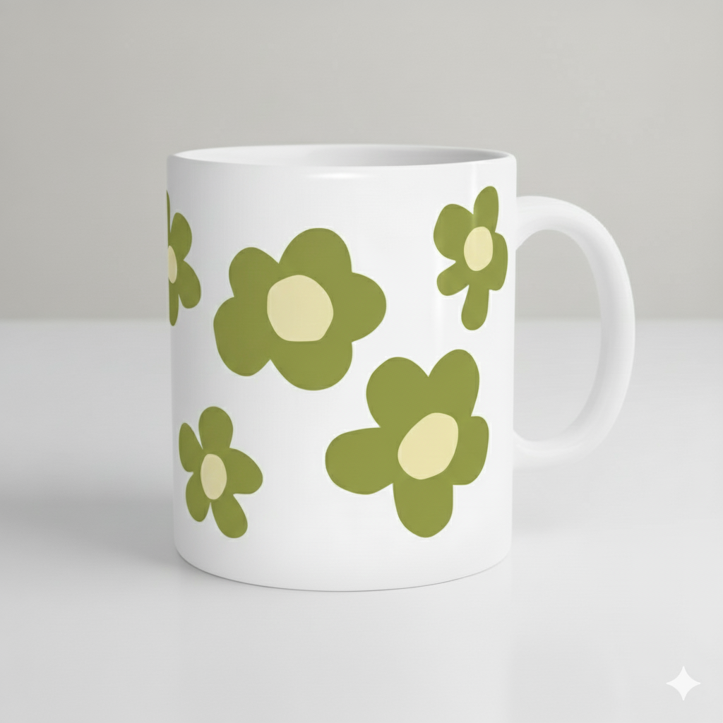 "Groovy Green Bloom" Floral Pattern Ceramic Mug