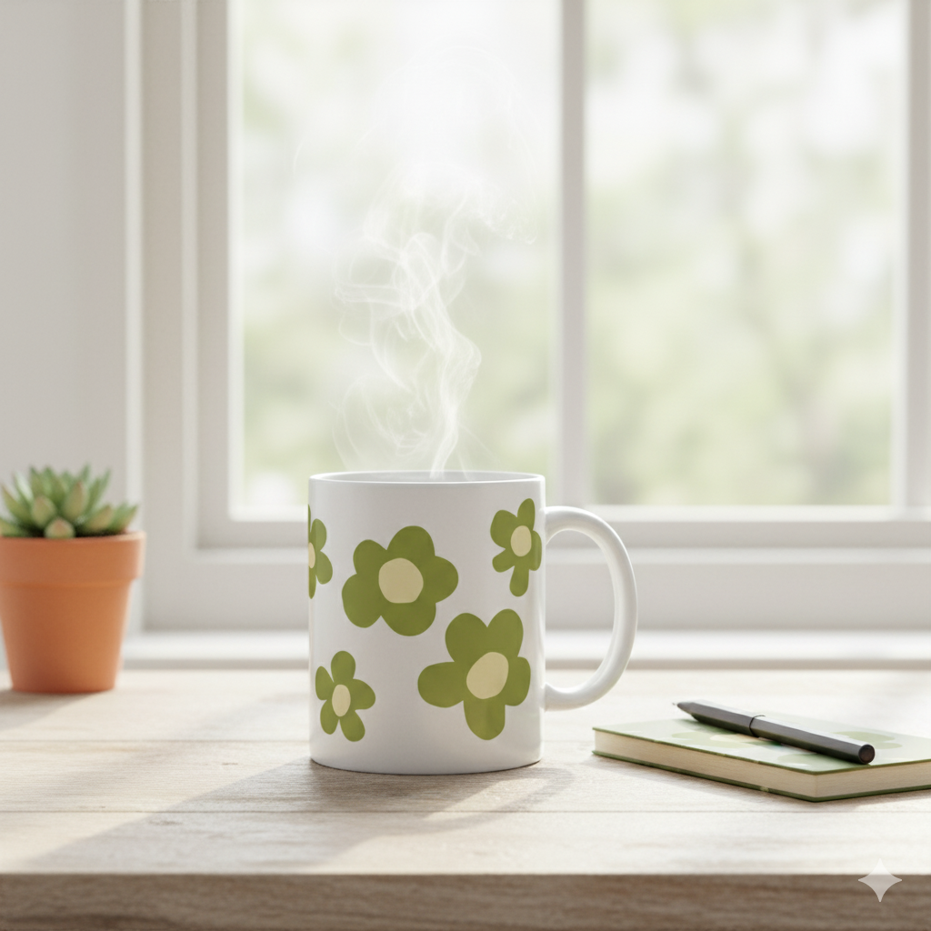 "Groovy Green Bloom" Floral Pattern Ceramic Mug