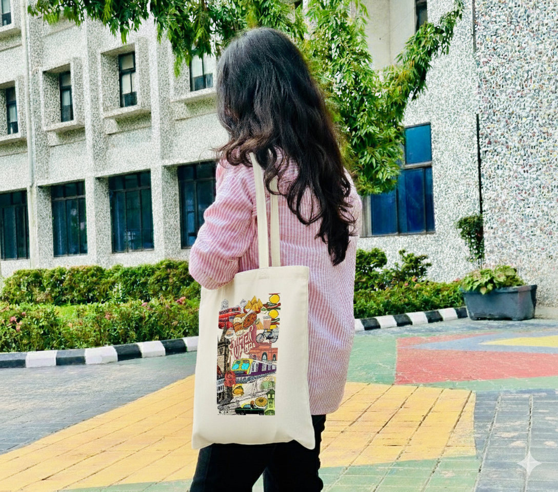"Mumbai Cityscape" Illustrated Doodle Art Canvas Tote Bag