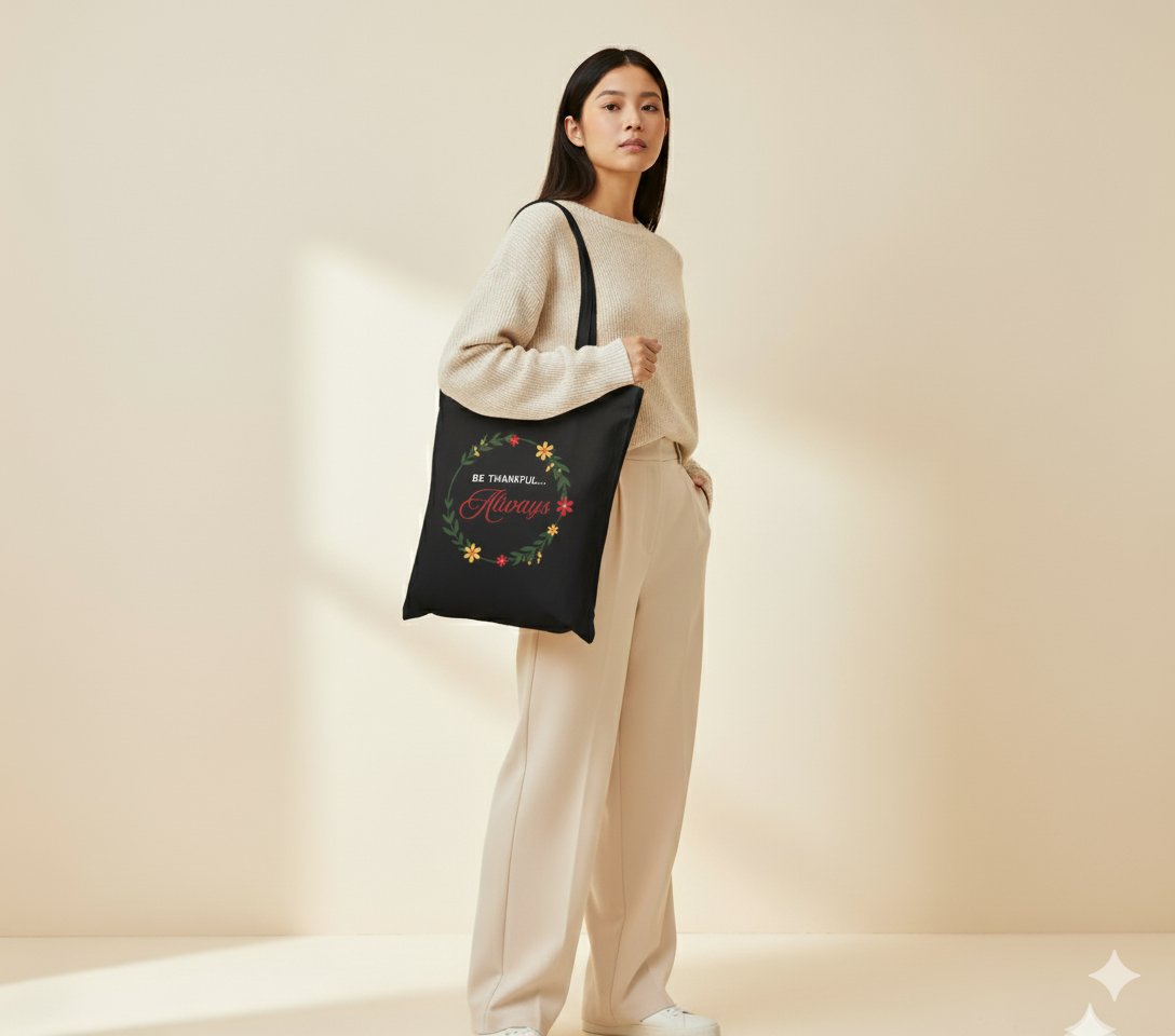 "Always Be Thankful" Floral Wreath Tote
