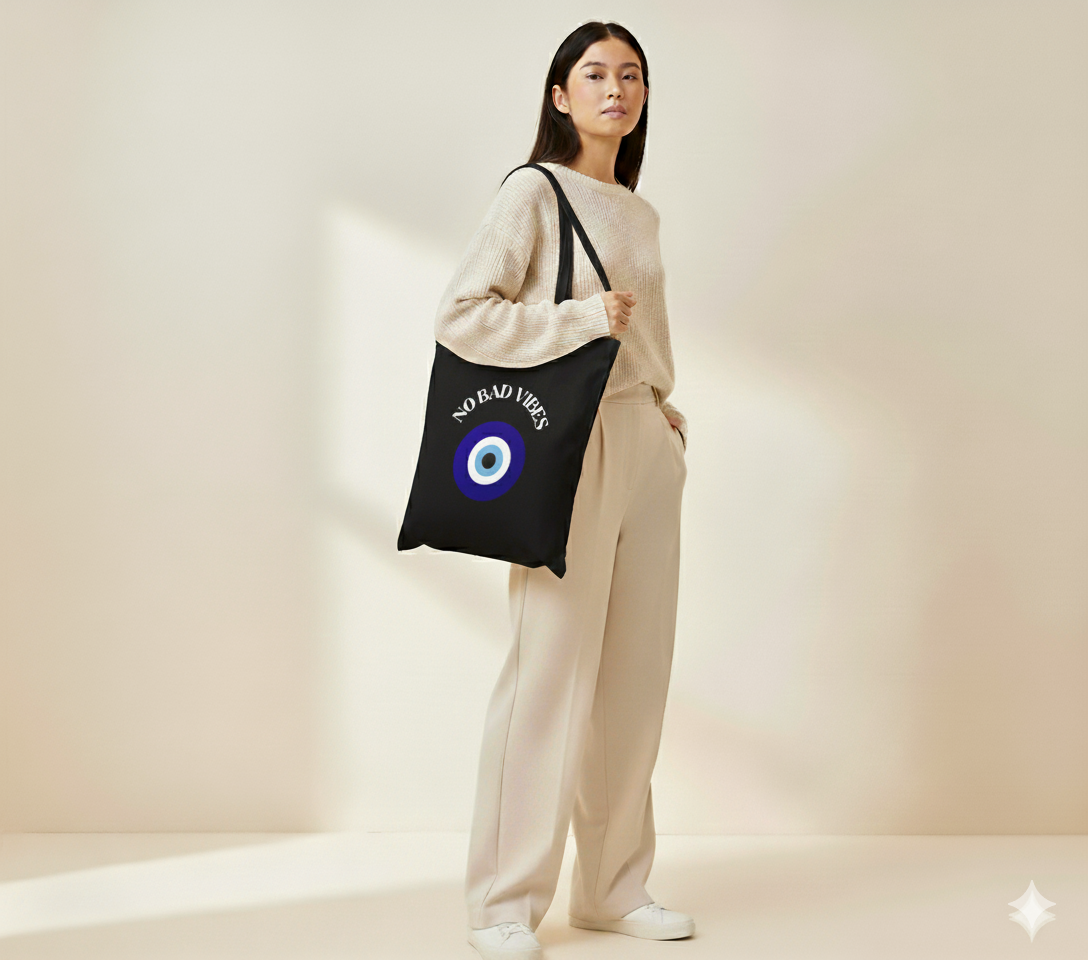 "No Bad Vibes" Evil Eye Protection Canvas Tote Bag