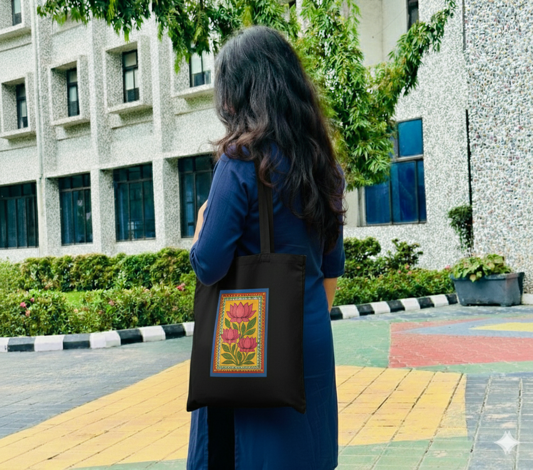 "Sacred Bloom" Madhubani Lotus Canvas Tote Bag