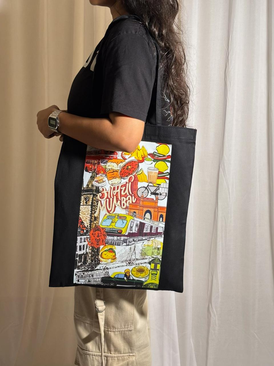"Mumbai Cityscape" Illustrated Doodle Art Canvas Tote Bag