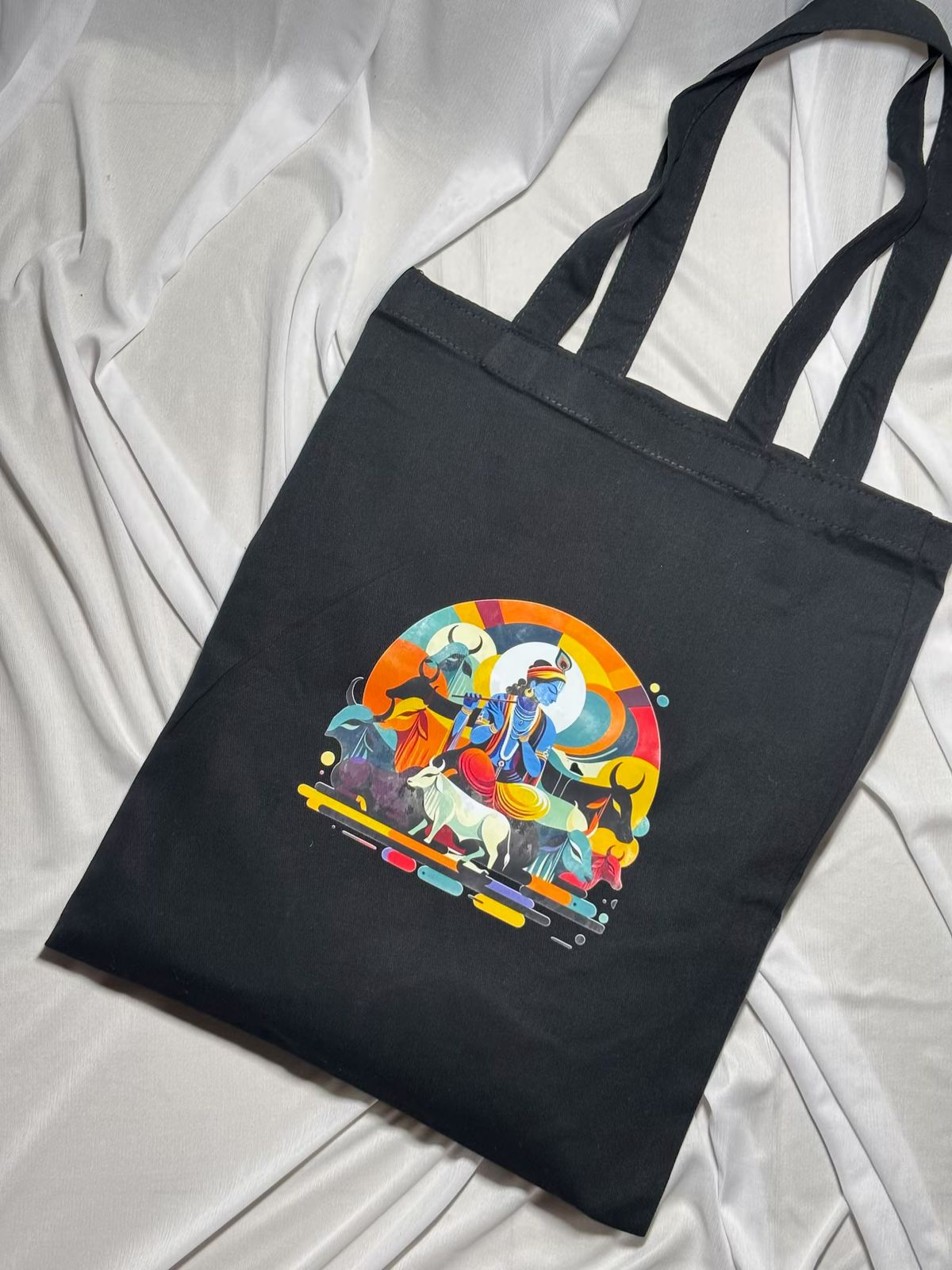 The Krishna Leela Tote: Melody, Cows, and Cosmic Color