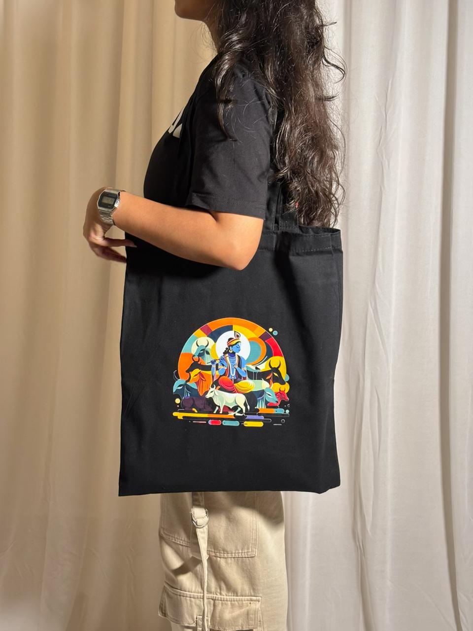 The Krishna Leela Tote: Melody, Cows, and Cosmic Color